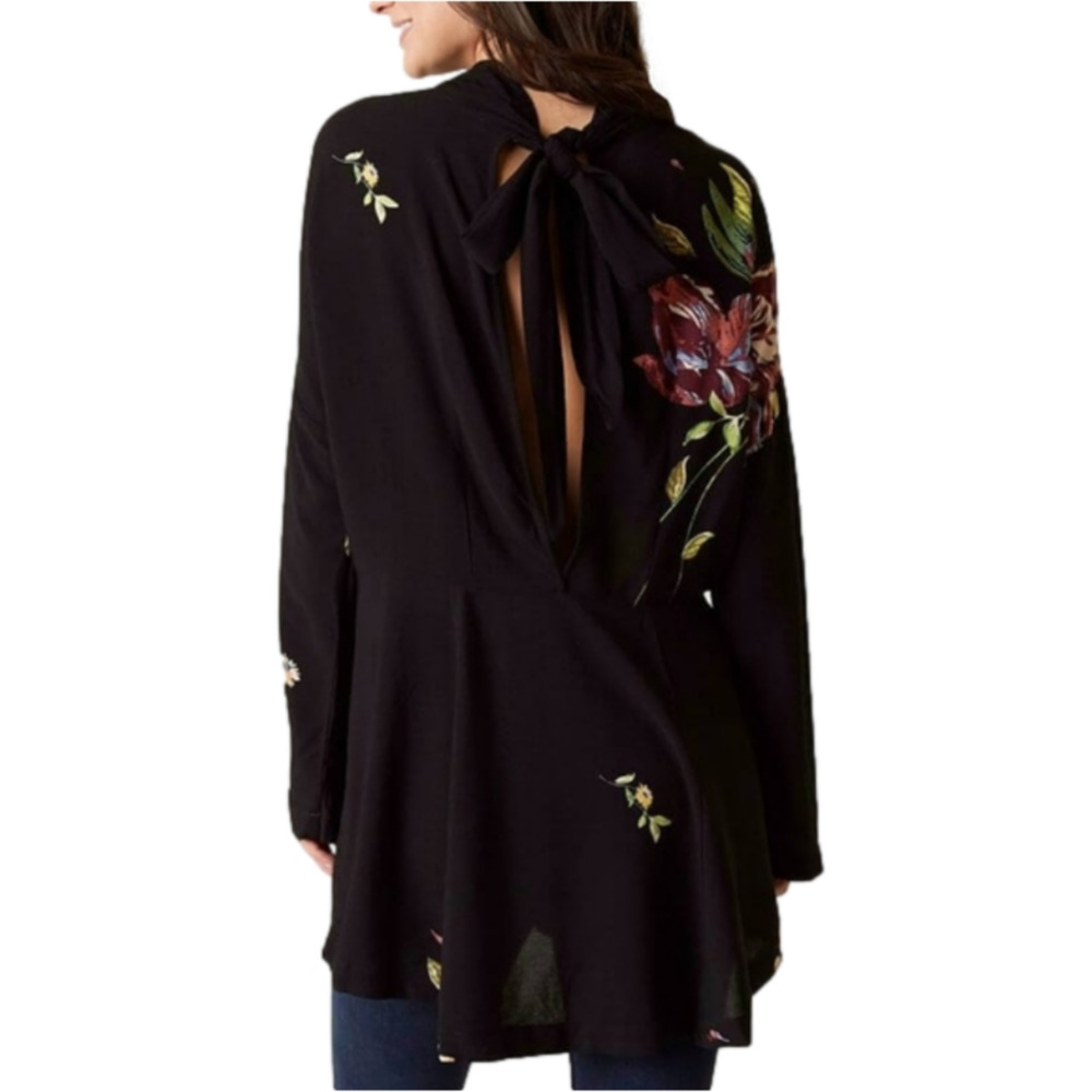Free People Black Floral Mock Neck Open Back Tie Tunic Dress Long Sleeve M New - Picture 3 of 11